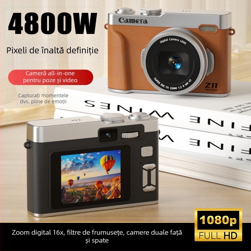 Camera digitală pentru copii, entry-level, cu obiectiv dual și mod selfie, 48 MP CMOS 1/2,3 inch, zoom optic 16x, ecran LCD de 2,4 inch, USB 3.0