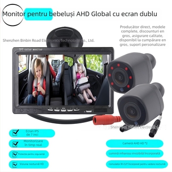 Monitor auto cu ecran divizat, dual canal, cu ventuză, IR pentru vizionare de noapte, 1280x720, AHD 720p