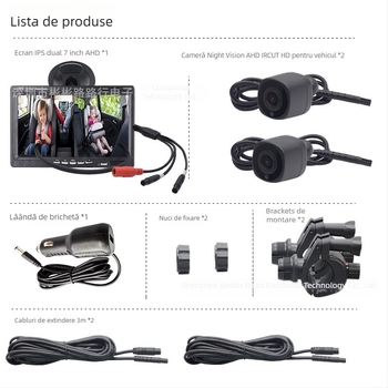 Monitor auto cu ecran divizat, dual canal, cu ventuză, IR pentru vizionare de noapte, 1280x720, AHD 720p