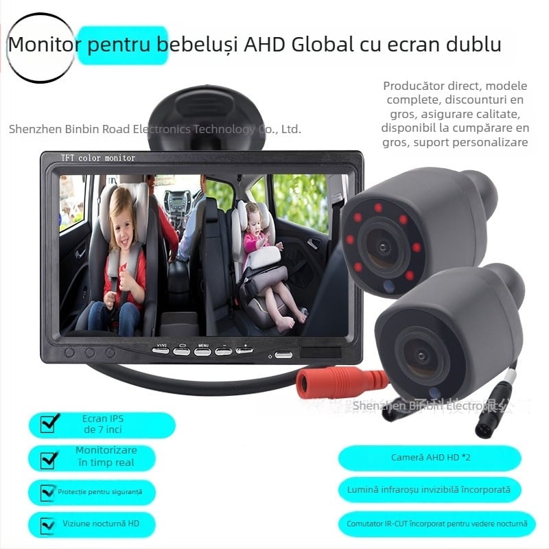 Monitor auto cu ecran divizat, dual canal, cu ventuză, IR pentru vizionare de noapte, 1280x720, AHD 720p