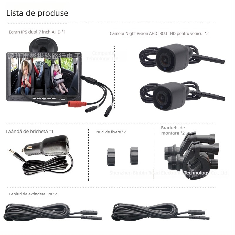 Monitor auto cu ecran divizat, dual canal, cu ventuză, IR pentru vizionare de noapte, 1280x720, AHD 720p