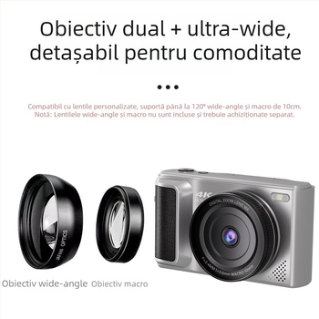 Cameră digitală fără oglindă, senzor CMOS 14 MP (1/1.8 inch), obiectiv tip periscop, zoom digital 16x, ecran LCD 2.8 inch HD, control manual complet — ideală pentru selfie-uri și vlog