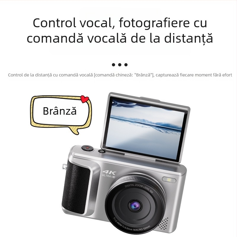 Cameră digitală fără oglindă, senzor CMOS 14 MP (1/1.8 inch), obiectiv tip periscop, zoom digital 16x, ecran LCD 2.8 inch HD, control manual complet — ideală pentru selfie-uri și vlog