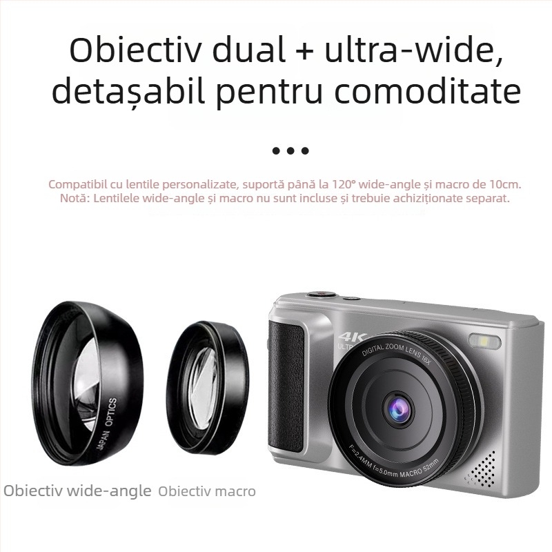 Cameră digitală fără oglindă, senzor CMOS 14 MP (1/1.8 inch), obiectiv tip periscop, zoom digital 16x, ecran LCD 2.8 inch HD, control manual complet — ideală pentru selfie-uri și vlog