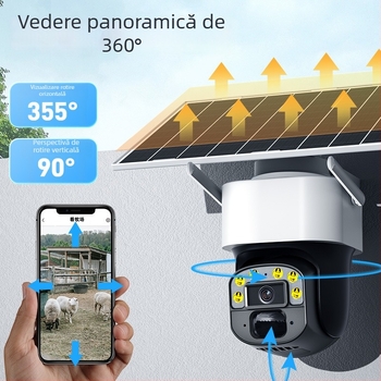 Cameră de supraveghere 4G cu panou solar, pentru interior/exterior, vizionare noapta la 0.002 lux, acoperire de 360°, -20°C până la 55°C, alimentare 12V, carcasă ABS