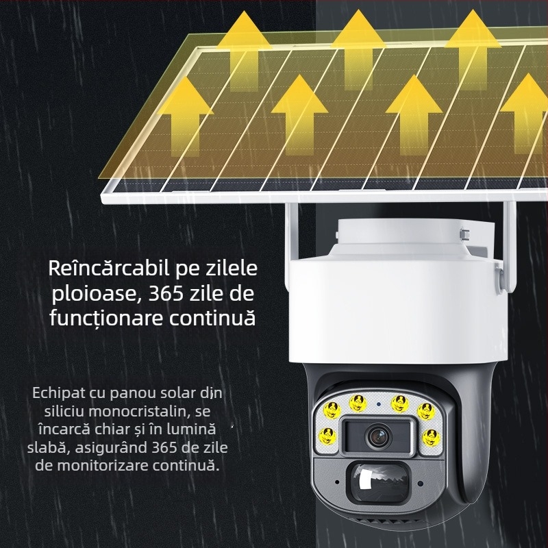 Cameră de supraveghere 4G cu panou solar, pentru interior/exterior, vizionare noapta la 0.002 lux, acoperire de 360°, -20°C până la 55°C, alimentare 12V, carcasă ABS