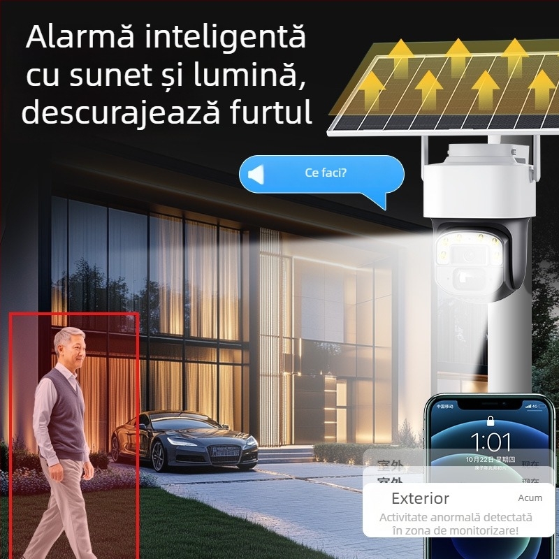 Cameră de supraveghere 4G cu panou solar, pentru interior/exterior, vizionare noapta la 0.002 lux, acoperire de 360°, -20°C până la 55°C, alimentare 12V, carcasă ABS
