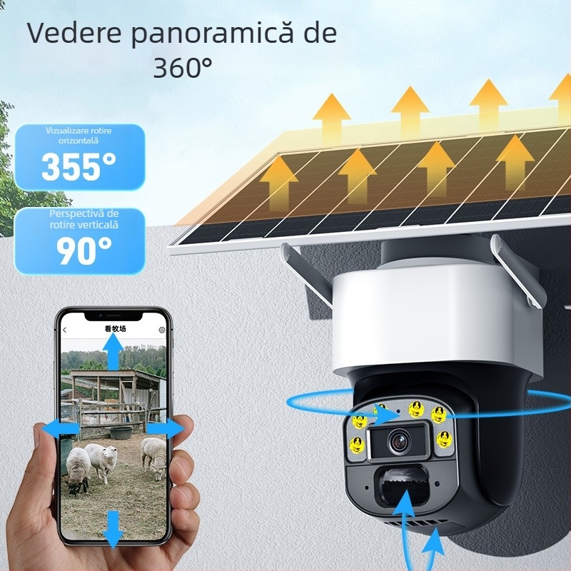 Cameră de supraveghere 4G cu panou solar, pentru interior/exterior, vizionare noapta la 0.002 lux, acoperire de 360°, -20°C până la 55°C, alimentare 12V, carcasă ABS