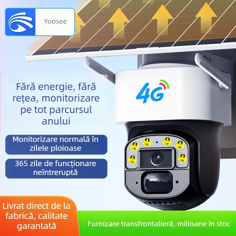 Cameră de supraveghere 4G cu panou solar, pentru interior/exterior, vizionare noapta la 0.002 lux, acoperire de 360°, -20°C până la 55°C, alimentare 12V, carcasă ABS