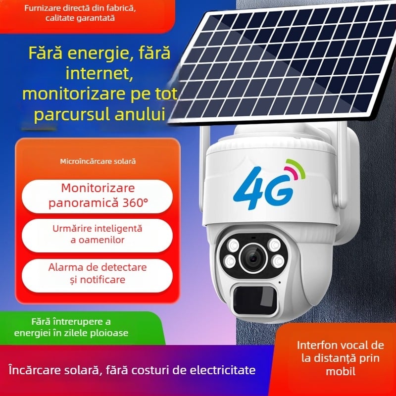 Cameră solară 4G – exterior, vizualizare 360°, HD noapte, monitorizare la distanță, iluminare minimă 0.001 lux