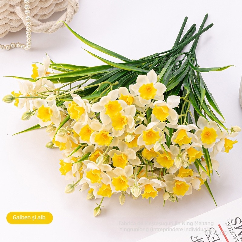 Buchet de flori artificiale narcise, material plastic cu adeziv moale, turnare prin injecție, pentru exterior, recuzită pentru fotografie și decor acasă