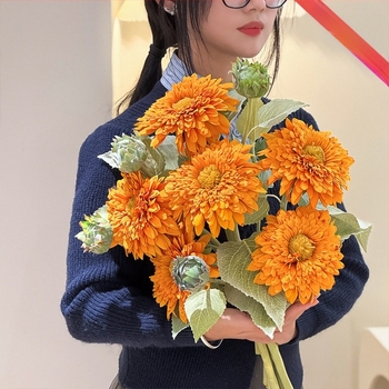 Buchet de floarea soarelui artificial – mătase, lucru manual cu relief și imprimare 3D; ramură unică; pentru nunți, exterior, recuzită pentru fotografie, decor de casă