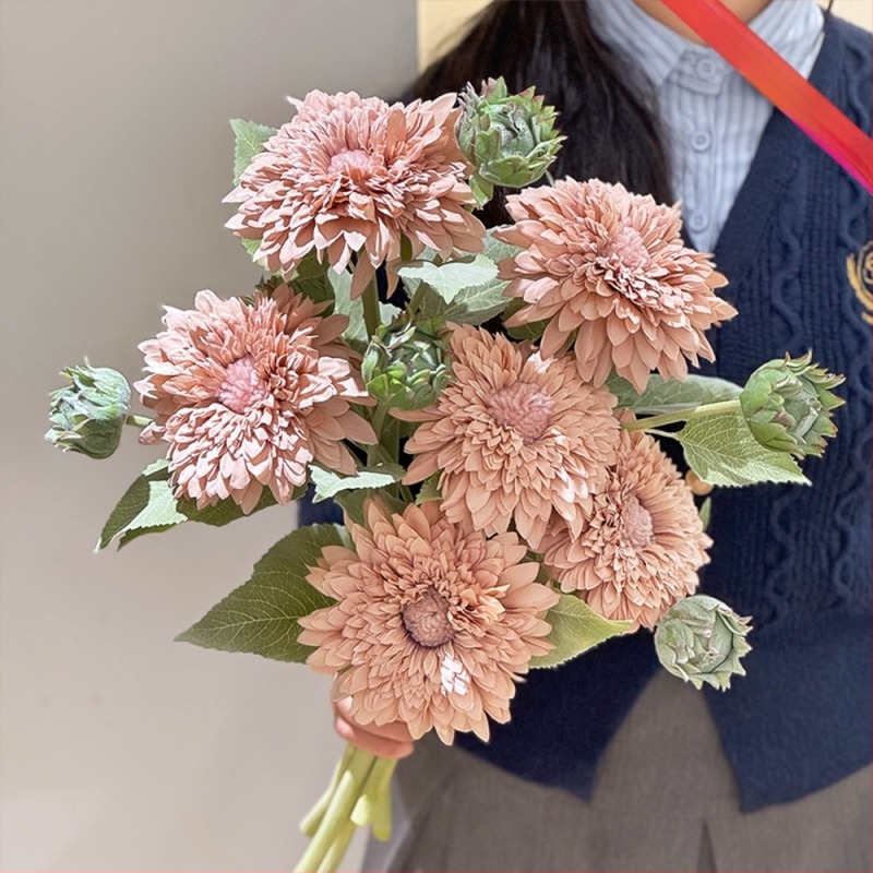 Buchet de floarea soarelui artificial – mătase, lucru manual cu relief și imprimare 3D; ramură unică; pentru nunți, exterior, recuzită pentru fotografie, decor de casă