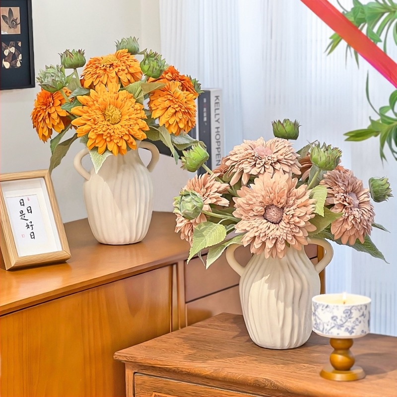 Buchet de floarea soarelui artificial – mătase, lucru manual cu relief și imprimare 3D; ramură unică; pentru nunți, exterior, recuzită pentru fotografie, decor de casă