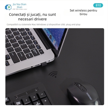 Set de tastatură și mouse wireless, ultra-subțire și silențios, iluminat, interfețe USB, model 810, pentru notebook/acasă