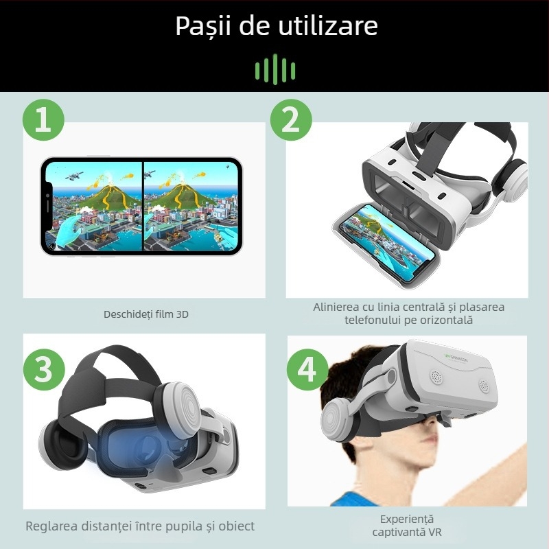 Headset VR all-in-one pentru mobil, cu difuzoare încorporate, suport 3D, ecran de 4.7–7.2 inch, carcasă din plastic