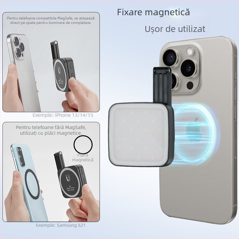 Lumină LED de umplere pentru telefon cu atașament magnetic (MagSafe) – VLOGLITE M38, trei temperaturi de culoare, utilizare manuală, potrivit pentru live streaming și selfie