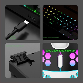 Set tastatură și mouse RGB cu 61 taste, cablat, 3200 DPI, design ergonomic cu iluminare, USB, cablu de 1,6 m, pentru desktop și notebook