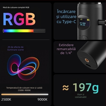 Lumină de fill RGB portabilă pentru portrete în aer liber (LED RGB; baterie încorporată; putere <10 W; tensiune 5 V; temperatură de culoare 2500–9900 K)