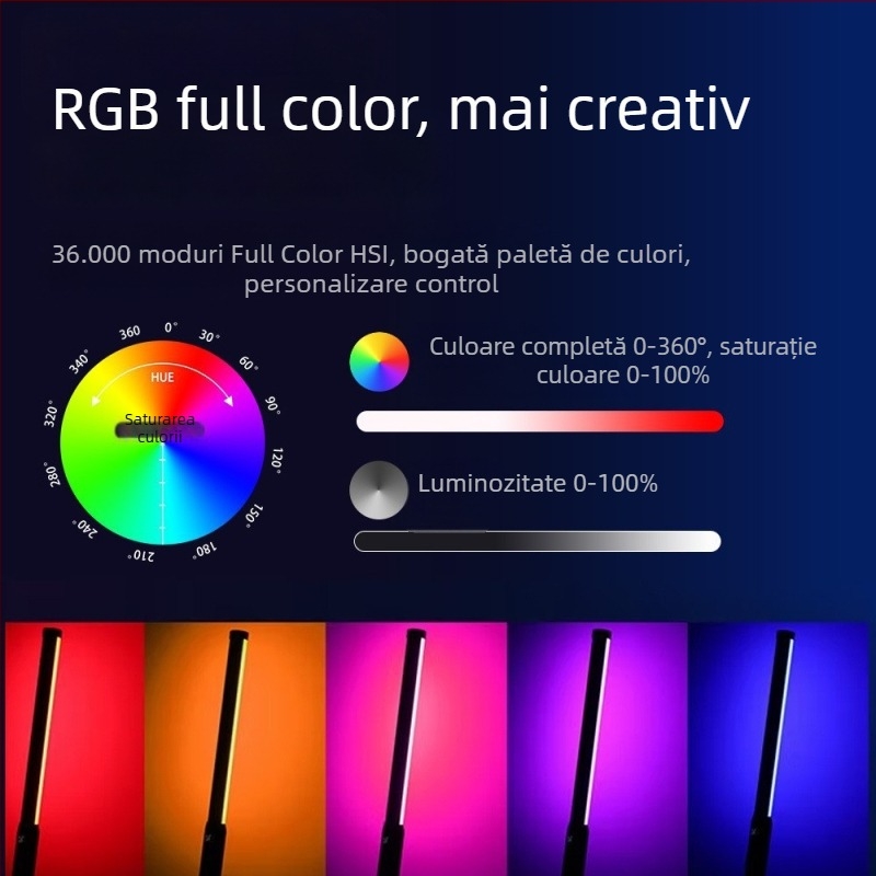 Lumină de fill RGB portabilă pentru portrete în aer liber (LED RGB; baterie încorporată; putere <10 W; tensiune 5 V; temperatură de culoare 2500–9900 K)