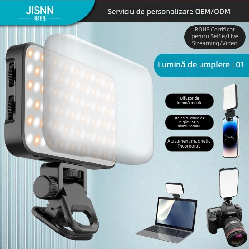 Jisun L01 Lampa LED pentru telefon – iluminare pentru fotografii și streaming, cu trei temperaturi de culoare, compactă 115×71×17.5 mm