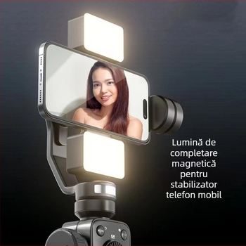 Stabilizator gimbal pentru telefon cu lumină de fill magnetic pentru live streaming și filmare, orientare verticală, putere <10W, tensiune 3,7V, trei temperaturi ale culorii