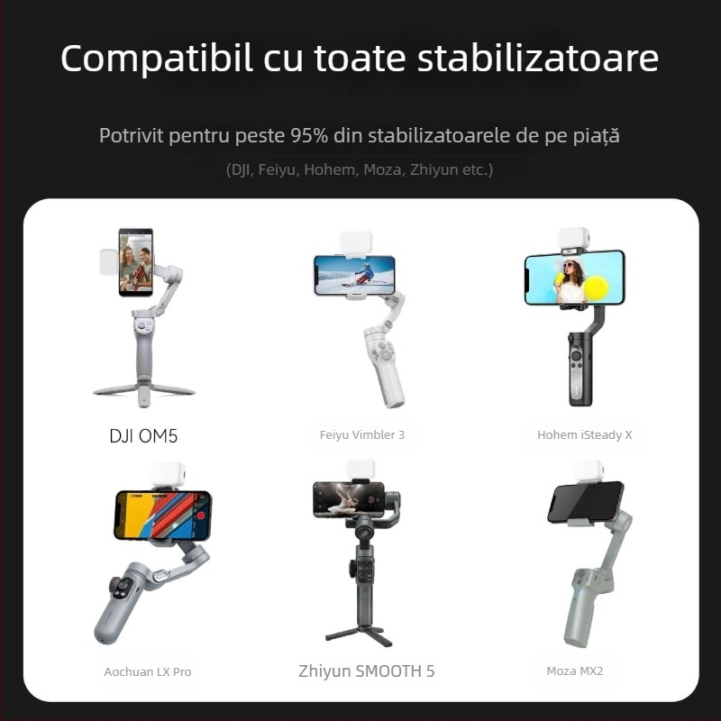 Stabilizator gimbal pentru telefon cu lumină de fill magnetic pentru live streaming și filmare, orientare verticală, putere <10W, tensiune 3,7V, trei temperaturi ale culorii