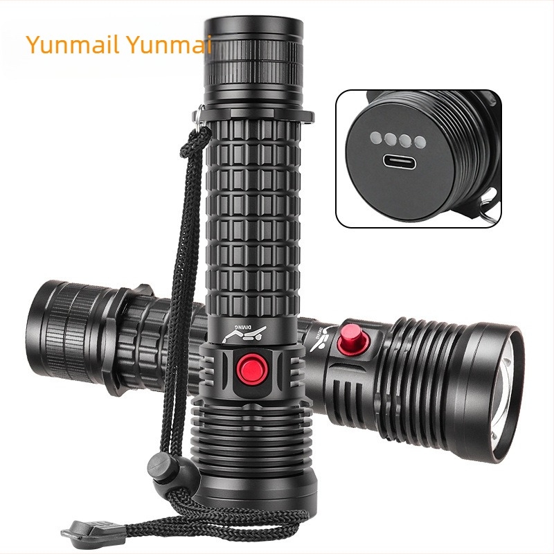 Lanteră de scufundări LED 10W, corp din aluminiu, rază peste 500 metri, reîncărcabilă cu baterie încorporată sau 18650/26650, încărcător inclus