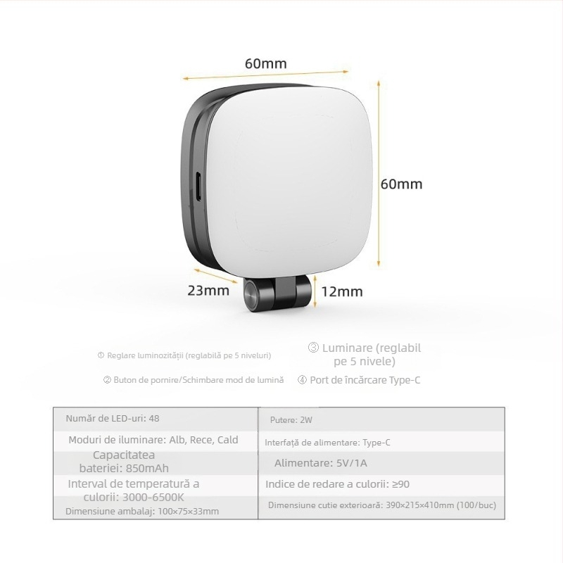 F-662 Lumină LED Magnetică pentru Telefon – 2W, 5V/1A, Pliabilă, Manuală, Pentru Streaming Live