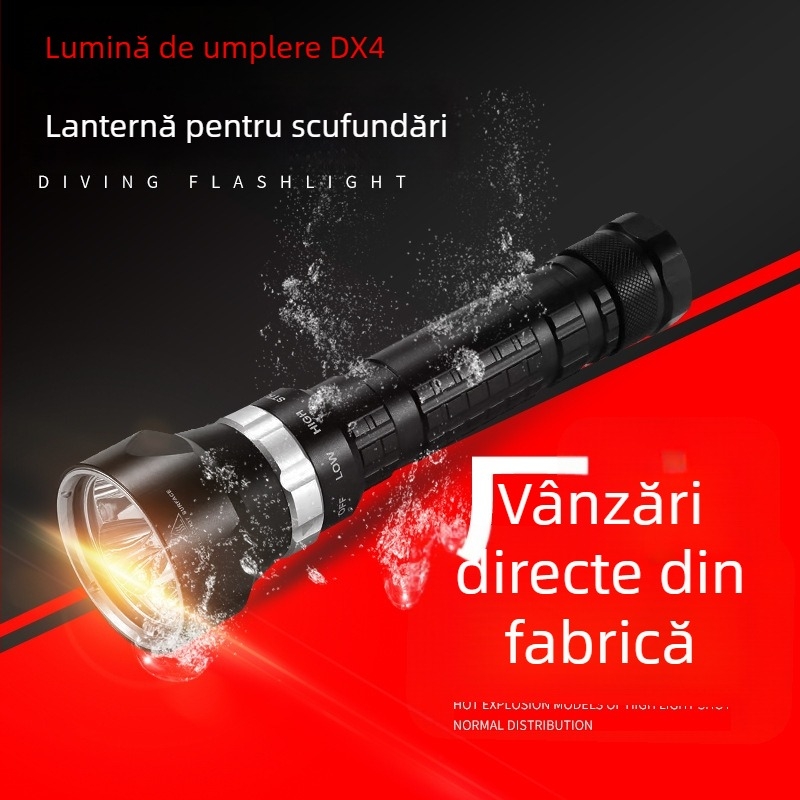 Lumină LED pentru fotografiere subacvatică, carcasă din aliaj de aluminiu, 50W putere, baterie reîncărcabilă 9500mAh, sursă de lumină LED, rază maximă 200-500 m.
