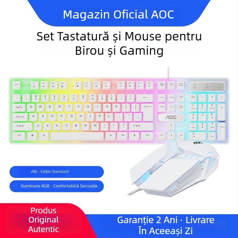 Set tastatură și mouse AOC KM100, cablu USB, iluminare, 1600dpi, ergonomic, cablu 2m