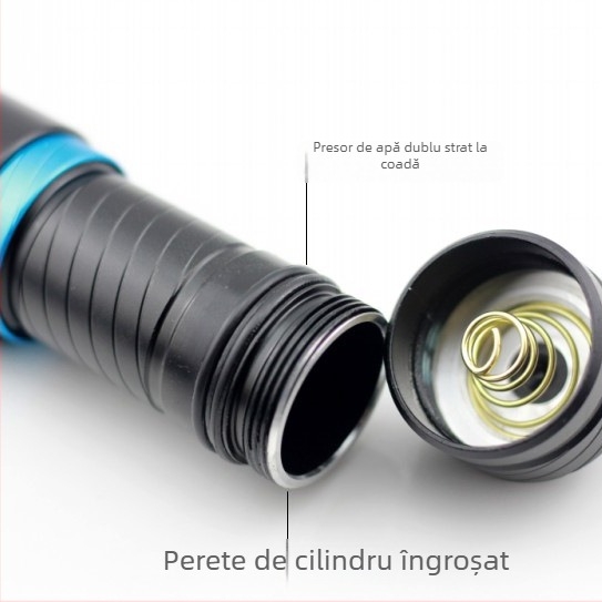 Lampa LED pentru scufundări L2, aliaj de aluminiu, rază 200–500 m, baterie 26650, multifuncțional