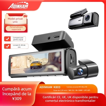 Înregistrator auto 4K cu vedere de noapte, înregistrare față și spate, navigație GPS, Wi-Fi