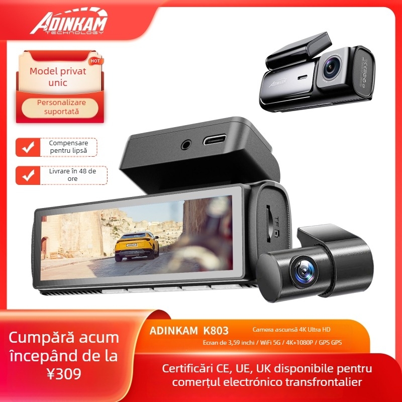 Înregistrator auto 4K cu vedere de noapte, înregistrare față și spate, navigație GPS, Wi-Fi