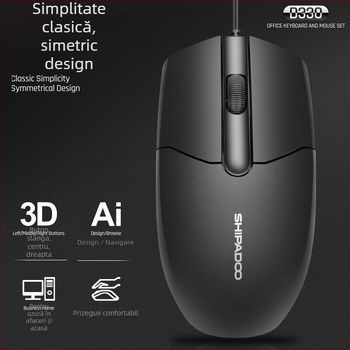 Set tastatură și mouse cablat, USB, optic 1000dpi, ergonomic, impermeabil, etichetă privată disponibilă