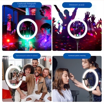 Lumină LED circulară pentru live streaming cu control vocal și trepied pentru telefon, sursă de iluminat 18W, alimentare 5V, mod vertical, luminozitate reglabilă