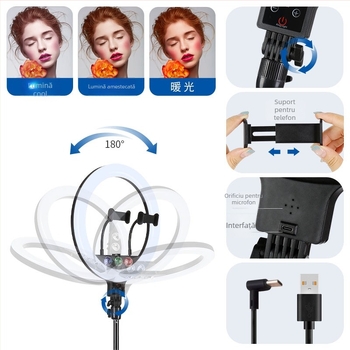Lumină LED circulară pentru live streaming cu control vocal și trepied pentru telefon, sursă de iluminat 18W, alimentare 5V, mod vertical, luminozitate reglabilă