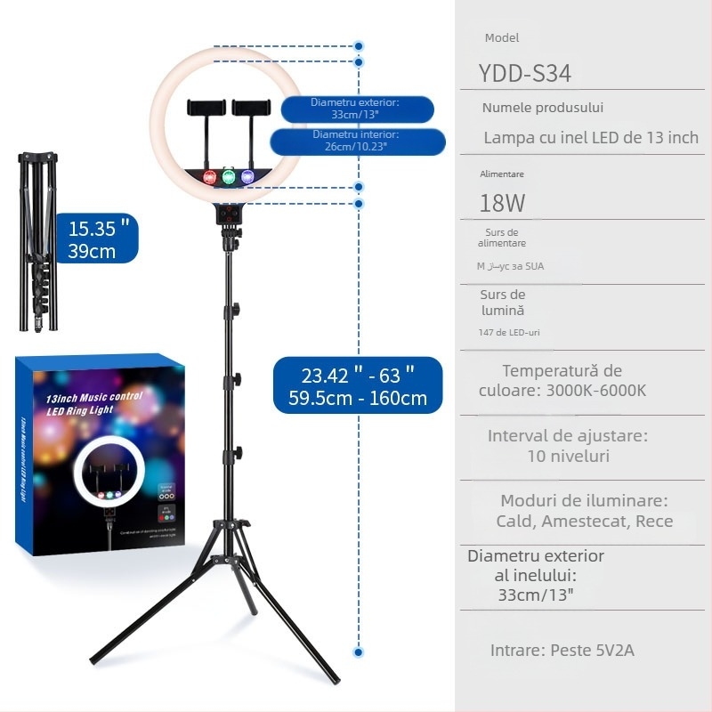 Lumină LED circulară pentru live streaming cu control vocal și trepied pentru telefon, sursă de iluminat 18W, alimentare 5V, mod vertical, luminozitate reglabilă