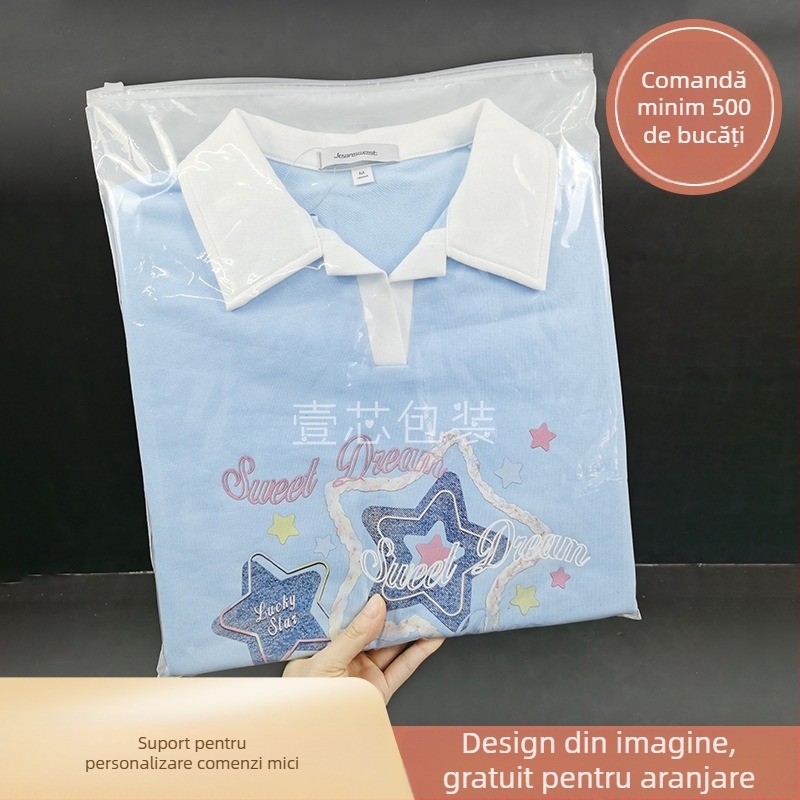 Pungă PE pentru ambalare îmbrăcăminte, cu fermoar, transparentă, auto-sigilantă cu imprimare logo, grosime dublă 10 silk