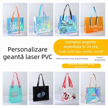 Geantă PVC cu laser, logo personalizat, geantă de cumpărături cu fermoar, multifuncțională