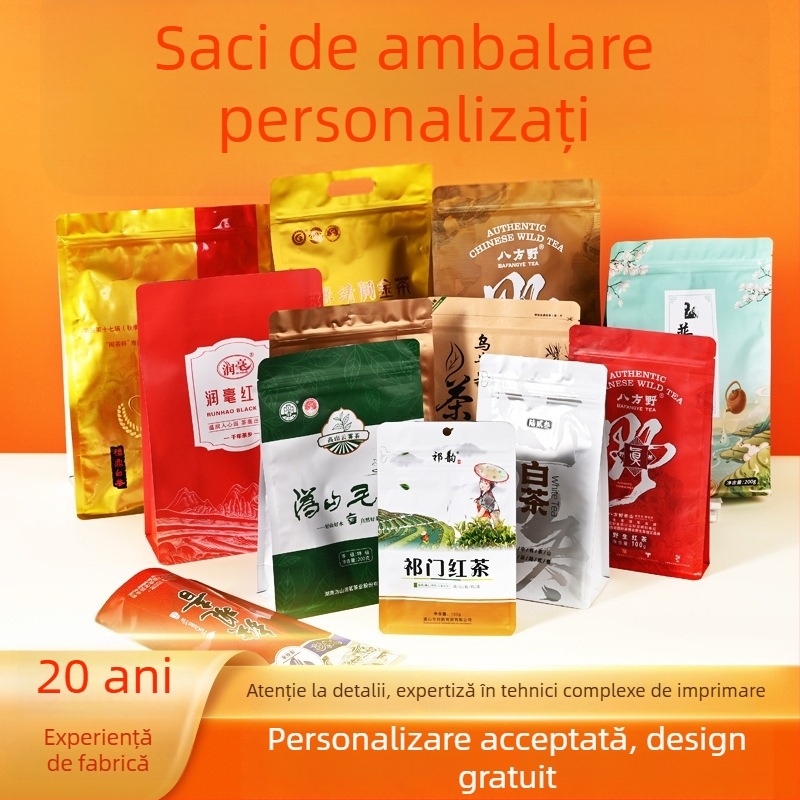 Saci personalizați de ambalare a alimentelor din folie de aluminiu, pungi auto-susținute cu fermoar pentru ceai și cafea, sigilare pe opt laturi, folie compozită pe role