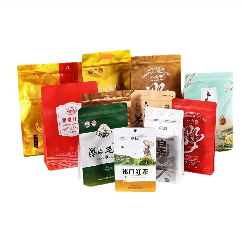 Saci personalizați de ambalare a alimentelor din folie de aluminiu, pungi auto-susținute cu fermoar pentru ceai și cafea, sigilare pe opt laturi, folie compozită pe role