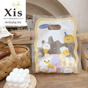 Geantă de tip tote din plastic transparentă cu dublu strat, pentru deserturi și cofetărie | grosime dublă 11 | producție zilnică 50000 | Brand Xixi Da Packaging | Geantă tote universală | Mâner 2×7