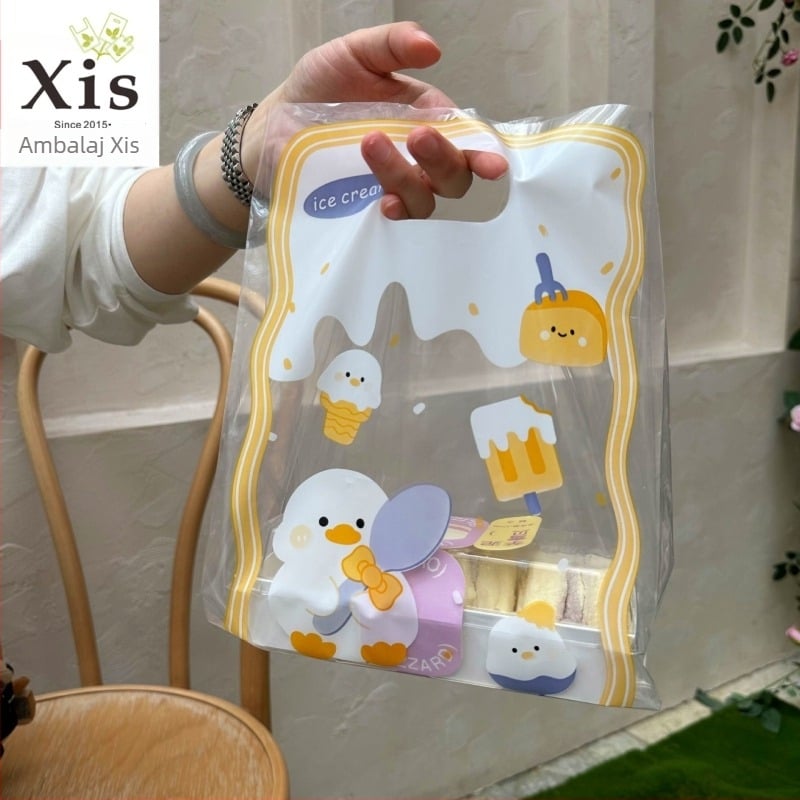 Geantă de tip tote din plastic transparentă cu dublu strat, pentru deserturi și cofetărie | grosime dublă 11 | producție zilnică 50000 | Brand Xixi Da Packaging | Geantă tote universală | Mâner 2×7