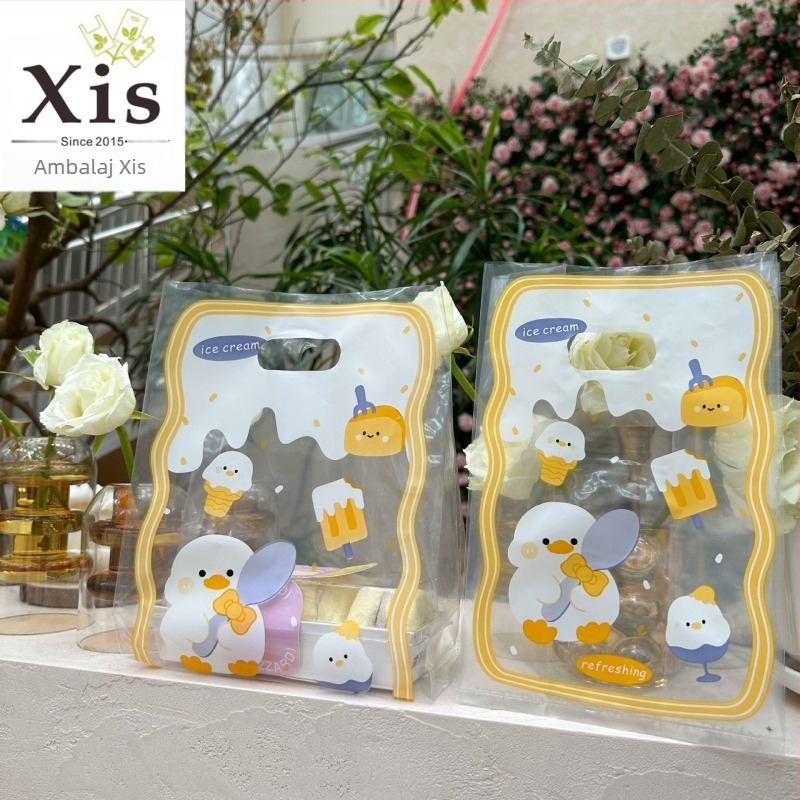 Geantă de tip tote din plastic transparentă cu dublu strat, pentru deserturi și cofetărie | grosime dublă 11 | producție zilnică 50000 | Brand Xixi Da Packaging | Geantă tote universală | Mâner 2×7