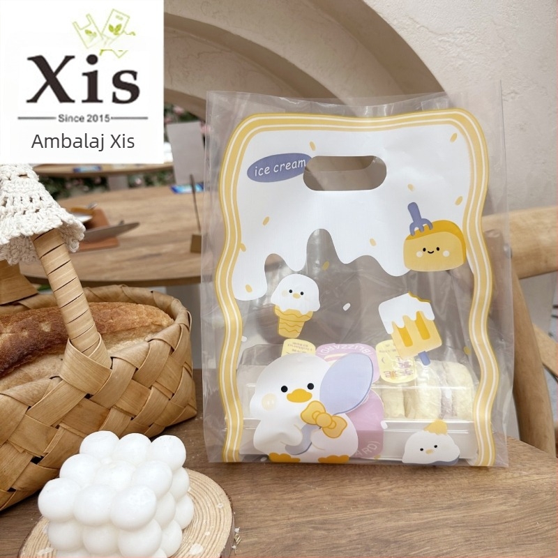 Geantă de tip tote din plastic transparentă cu dublu strat, pentru deserturi și cofetărie | grosime dublă 11 | producție zilnică 50000 | Brand Xixi Da Packaging | Geantă tote universală | Mâner 2×7