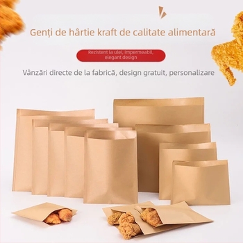 Geantă Kraft de hârtie pentru take-away, rezistentă la grăsimi, alimentară, laminată, cu fund plat