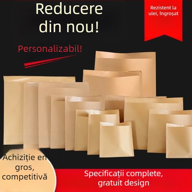 Geantă Kraft de hârtie pentru take-away, rezistentă la grăsimi, alimentară, laminată, cu fund plat