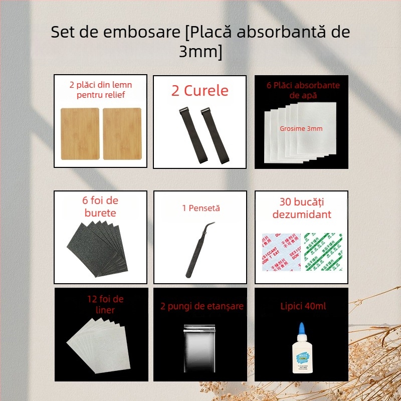 Set de plăci pentru relievi cu tip curea – kit complet pentru flori uscate, include hârtie de căptușire și placă absorbantă, ambalat într-o cutie