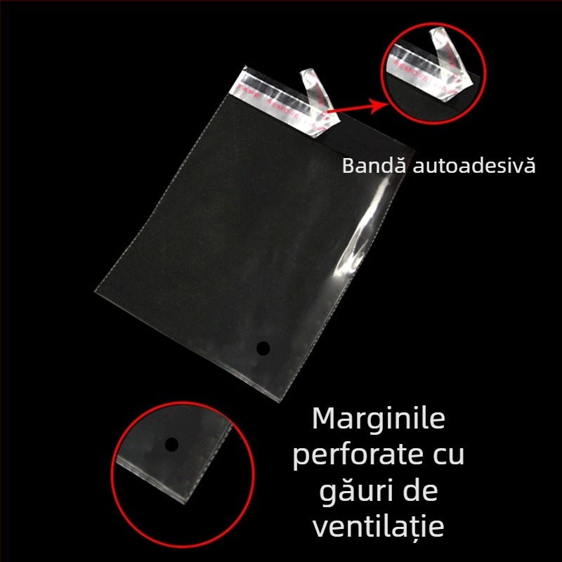 Geantă autoadezivă pentru haine – pungă transparentă din plastic pentru ambalarea tricourilor, cu logo imprimat, 100% material nou